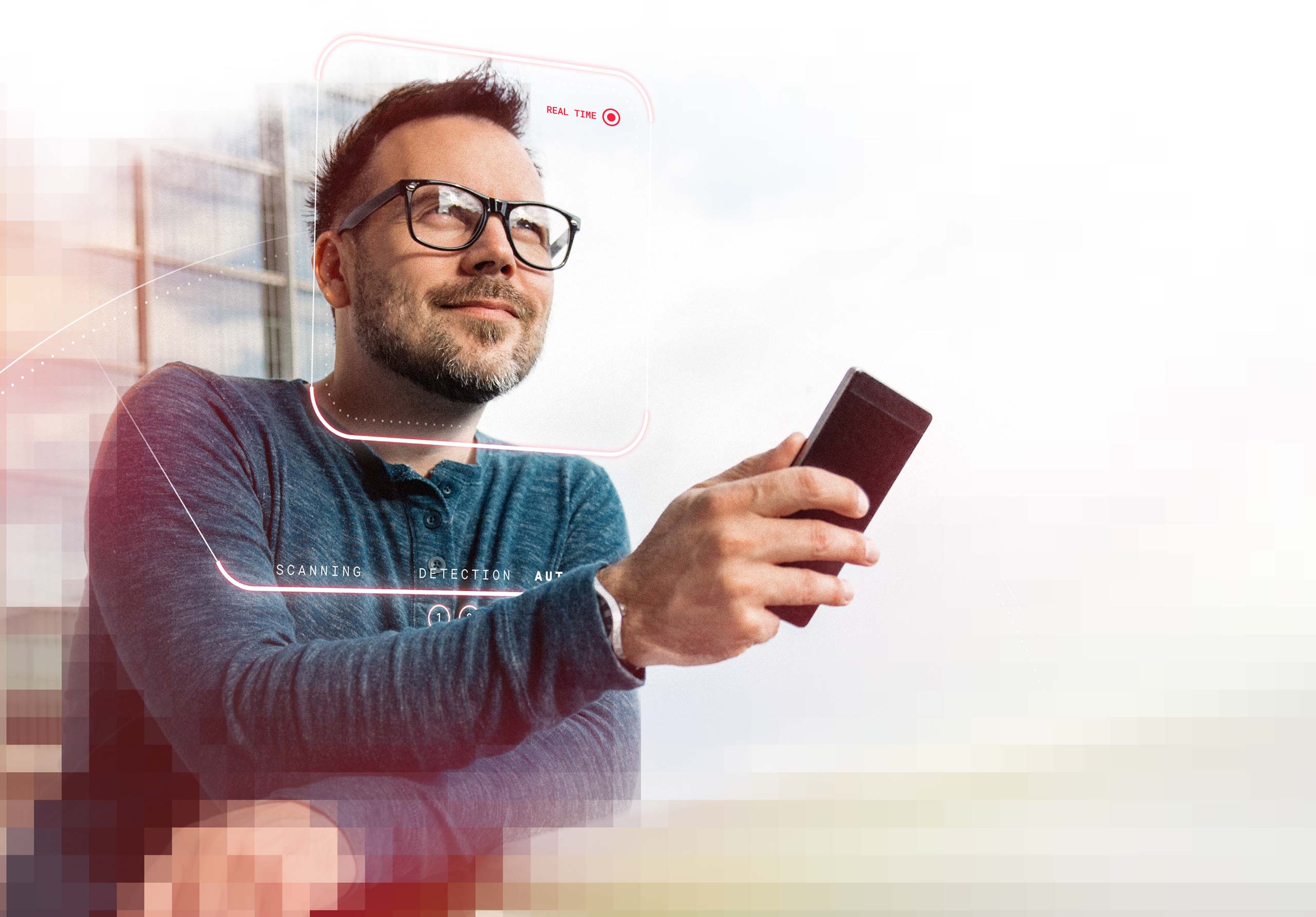 Man using his smartphone with a facial recognition overlay showing real-time scanning and detection, representing biometric identity verification technology.